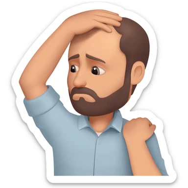A man who is depressed with his left arm draped over the top of his head so the inside of his left elbow is on the very top of his head where hair grows from and his left hand is touching his right shoulder sticker