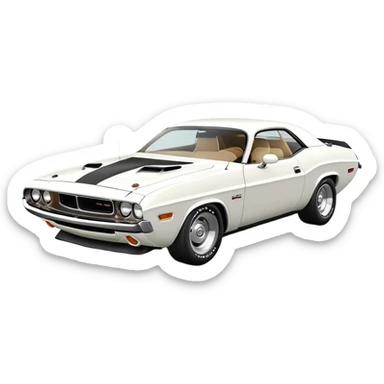 All-white 1971 Dodge Challenger, three-quarter view at 30-degree angle, showing partial front and side, minimalist iOS emoji style, no stripes or decorations, pure white sticker