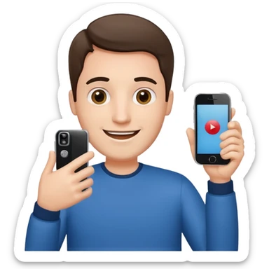 happy man hold a phone with your hand, showing a camera app open and another hand hold a phone without camera app open sticker