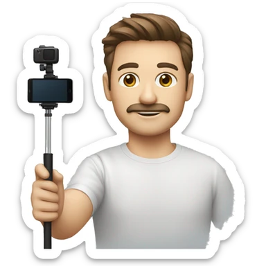 man brown hair, light skin, fine mustache, round face, cameraman with mobile phone and selfie stick. sticker