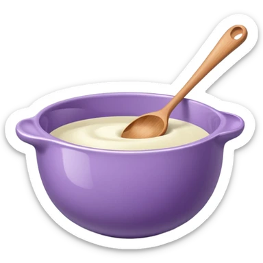 a lilac ceramic mixing bowl with a wooden spoon stirring sticker