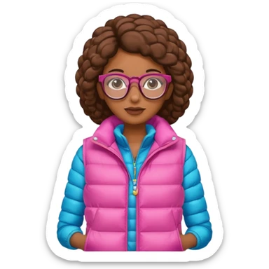 brown skin woman with glasses pink puffer vest sticker