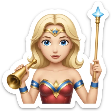 Blonde blue eyed Wonder Woman holding white orchestra conductor’s baton and bell  sticker