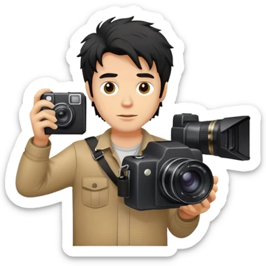 a white man with black messy hair holding a photo camera sticker