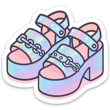 Add a holographic effect to the black-to-pastel pink gradient platform sandals with silver studs and chains, subtle glitter, kawaii style, no socks, no hearts, transparent background sticker