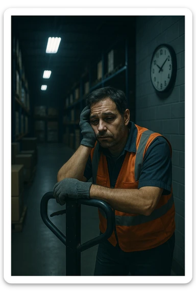 a tired warehouse worker in his 40s, wearing a reflective vest and work gloves, stands under harsh fluorescent lights in a large, dimly lit warehouse. He leans on a pallet jack, eyes heavy with fatigue and dark circles under them. Stacks of boxes and shelves loom in the background, and a wall clock shows it’s the middle of the night. The mood is somber and empathetic. sticker