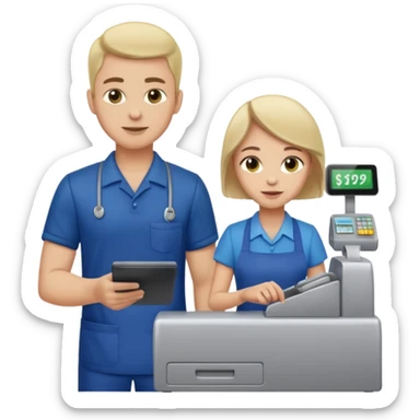 Supermarket employee at a cash register, full body, serving a man sticker