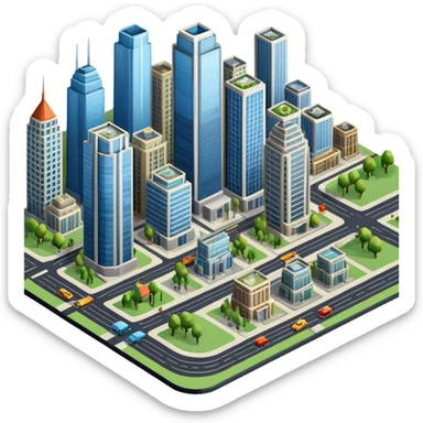 An icon showing a city-building game interface, inspired by Sim City. The design features a bustling city with roads, skyscrapers, and parks, with buildings being constructed and managed. The game’s interface, with stats and controls, is visible at the top. Transparent background. sticker