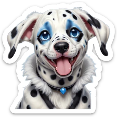 Cinematic Cute Yawning Harlequin Dalmatian Portrait Emoji, Head tilted slightly with a dramatic, wide-open yawn, showcasing a smooth Fur of predominantly white with bold black patches, floppy ears slightly drooping, round blue eyes barely open in drowsy contentment, Simplified yet irresistibly adorable features, highly detailed, glowing with a soft, cozy glow, high shine, relaxed yet expressive, stylized with a touch of whimsy, bright and endearing, soft glowing outline, capturing the essence of a sleepy yet affectionate guardian, so drowsy it feels like it could stretch out of the screen and curl up for a nap! sticker