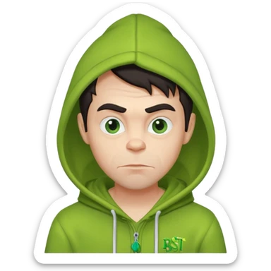Create an avatar of white European with dark hair  male in hoodie with ``BST`` letters on it. Make background to look like from movie Grinch sticker