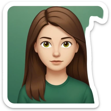 30 yr Caucasian woman long brown straight hair parted on side dark green shirt sticker