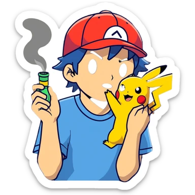 21 yo Handsome Ash Ketchum using a bong with picachu breathing out smoke sticker