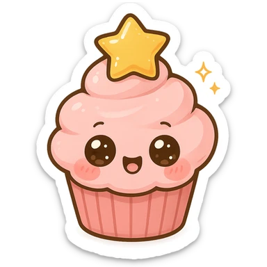 a cute pink cupcake with a star, original design, big eyes, blushing cheeks, joyful sticker