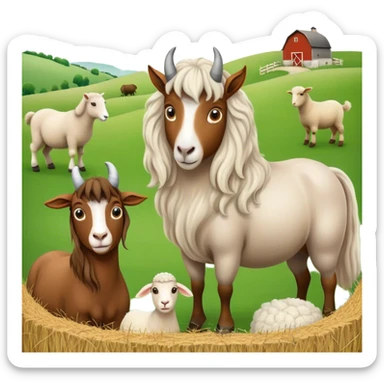 Icon for Domestic Hooved Animals: A gentle collage featuring a horse with a flowing mane, a brown goat with large, curious eyes, a calm sheep with soft wool. Background with a green pasture and a few hay bales. Transparent background. sticker