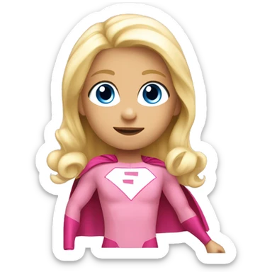 young blonde girl, blue eyes, wearing pink superhero costume, flying with one arm forward sticker