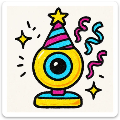 webcam camera with party hat and streamers, celebrating 4th of July, colorful and cheerful style sticker