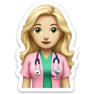 pale blonde girl with long wavy hair and green eyes wearing pink scrubs and stethoscope  sticker