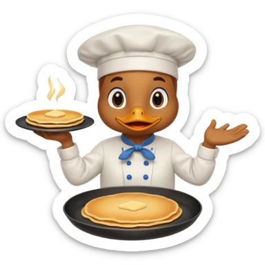 A chef duck wearing a tiny apron, flipping pancakes on a pan sticker