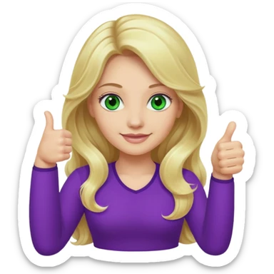 lady with long wavy blonde hair, purple top, green eyes, thumbs up sticker