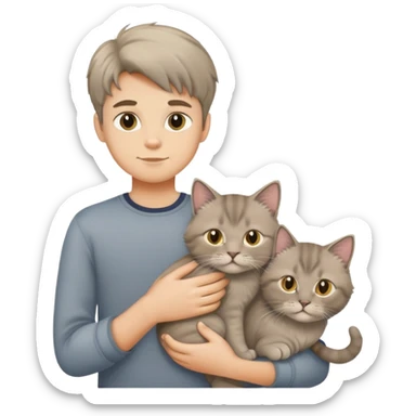 A boy holding a grey longhair cat and a British longhair golden cat sticker
