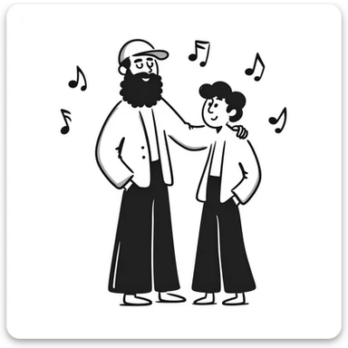 A taller 35-year-old musician with beard and backwards cap with his arm around the shoulder of his shorter, younger 25-year-old musician brother. Both facing forward, smiling. Obvious height difference between them. Music notes floating around and band members celebrating in background. sticker