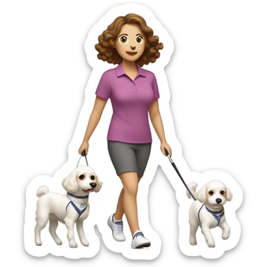 Mom with brown hair in golf clothes walking two little white cavapoos sticker