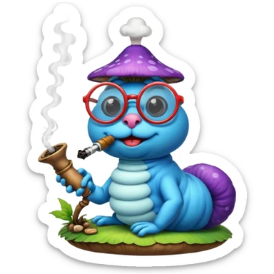 blue caterpillar with round glasses smoking a hooka pipe on top of a mushroom sticker