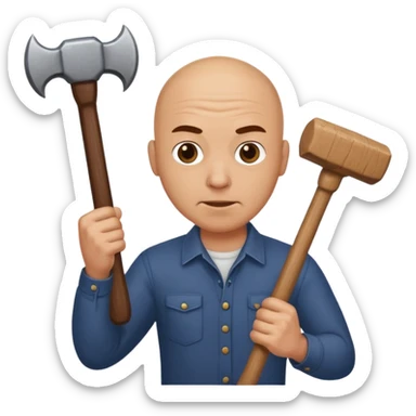 Bald man with a hammer hitting a spider sticker