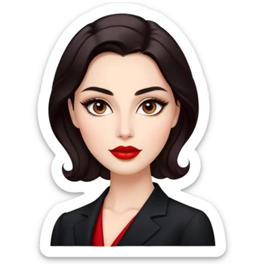 Elegant actress with luminous skin, elongated face, dark almond eyes with tasteful eyeliner, thick eyebrows, straight nose, red lips, voluminous dark hair with gentle waves, black professional attire, dignified confident pose sticker