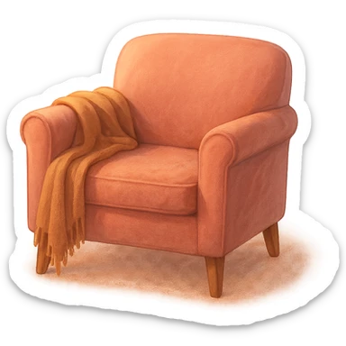 pink cozy armchair with a blanket, warm colors, soft lighting sticker