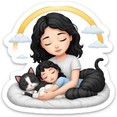 angelic sleeping black wavey hair girl in the bed with her cats sticker