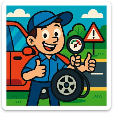 smiling cartoon character showing tire pressure gauge next to car, road safety atmosphere, bright colors sticker