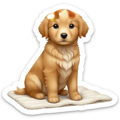 A Golden Retriever puppy standing peacefully on a soft blanket indoors. Cozy home environment, natural lighting, soft focus, adorable realism. sticker