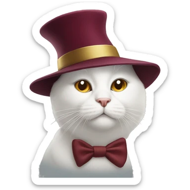 white cat with a New Year's burgundy hat on his head sticker
