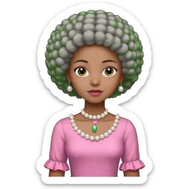 Brown woman with very short stylish gray Afro  wearing pink and green dress  and pearl blouse with sleeves sticker