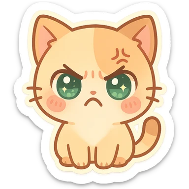 kawaii chibi-style cat emoji with pastel orange and brown cream fur, anime-style angry expression, sparkly green eyes, blushing cheeks, pastel color palette, soft rounded design, vector art sticker
