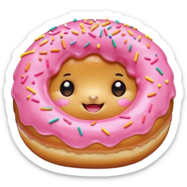 Cinematic tiny happy donut, round and fluffy, golden brown with pink icing and sprinkles, tiny adorable face with blushing cheeks, warm glowing background. sticker