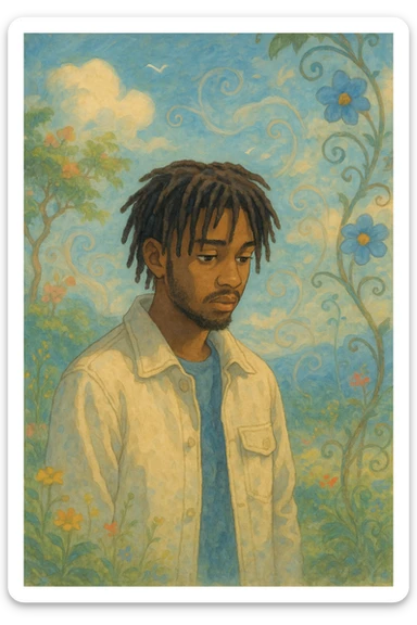 Tiakola on the cover of the album Mélo, Ghibli style, poetic atmosphere, artistic background inspired by the original cover, no text sticker