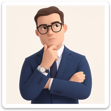 Add stylish glasses to the thoughtful businessman, keeping the luxury watch visible and the expression contemplative and curious, with a clean background. Maintain a clean background and focus on the glasses and expression enhancement. sticker