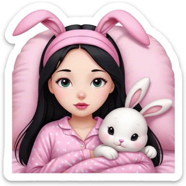 pretty girl, with straight long black hair, black eyes, long lashes, pink lips, wearing pink pajamas, and  cute white bunny ears headband on her head for sleep sticker