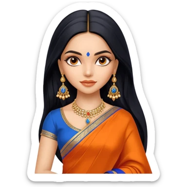 generate a pretty bratz Deepika Padukone with long black hair middle parted.
Wearing an orange saree with a blue blouse, golden jhumkas
SHe shoudl look like deepika padukone sticker