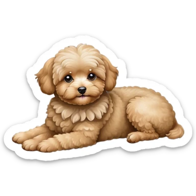 Tan maltipoo dog laying on a gray couch sticker
