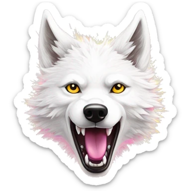 Sparkling crazy white aggressive wolf dancing snow mad big eyes illustration doodle high contrast lightning bolt halo sun beams white pink yellow red party sparkle glitter sticker