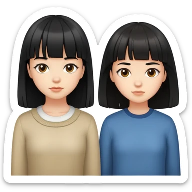 Two black-haired girls with bangs standing side by side - one with long hair and one with short hair sticker