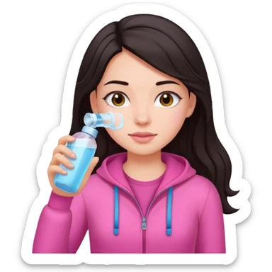 Emoji de menina de cabelos escuros hidratando o cabelo com roupas rosa sticker