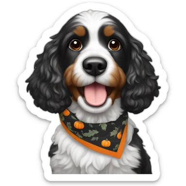 happy black and white cockapoo with a pumpkin and fall bandana sticker