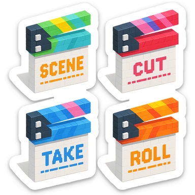 isometric view collection of movie clapperboards in voxel style, each with different colorful lids and unique text sticker