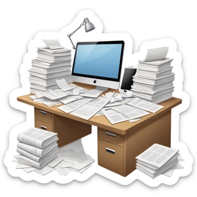 minimalist desk cluttered with papers spilling over, symbolizing overwhelming admin workload sticker