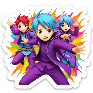 Icon for Anime: vibrant, dynamic scene with anime characters in action, featuring exaggerated expressions and colorful backgrounds. The design should reflect the distinct, energetic style of anime, with iconic eyes and unique visual elements. Transparent background. sticker