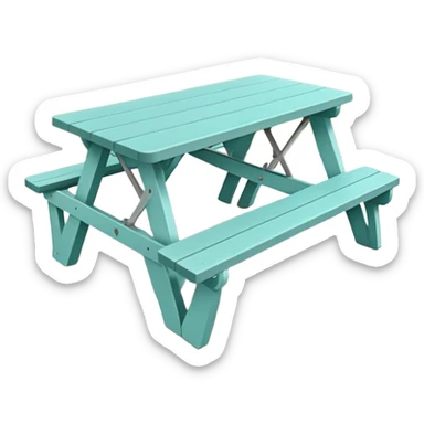 simple rectangular picnic table with attached benches, soft teal color, white end caps on table and benches, all legs straight, small wheels underneath, flat wood-style silhouette, muted teal tone, clean geometry, minimal shading sticker